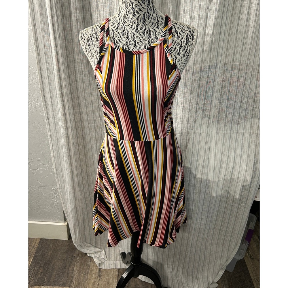 Planet Gold Fit Flare Dress Sleeveless Womens Medium Striped Black Pink Knit